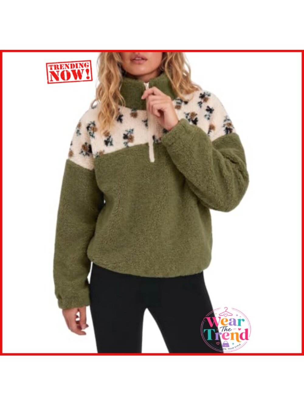 Sherpa Fleece Quarter Zip Pullover Floral Patchwork Loose Fit Women's Sweatshirt
